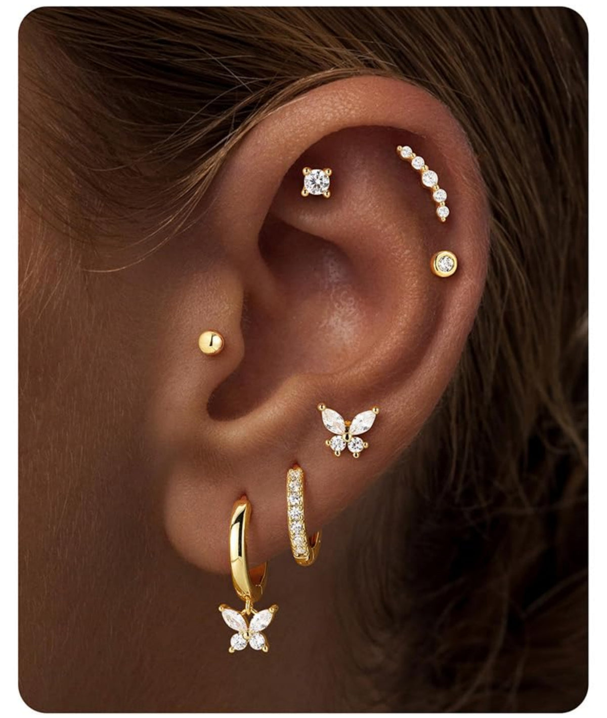 Turandoss Flat Back Earrings Set for Women Hypoallergenic 14k Gold Plated Stud Hoop Cartilage Earrings for Sensitive Ears Small Dainty Butterfly Huggie Hoop Drop Stack for Women Jewelry Gifts
