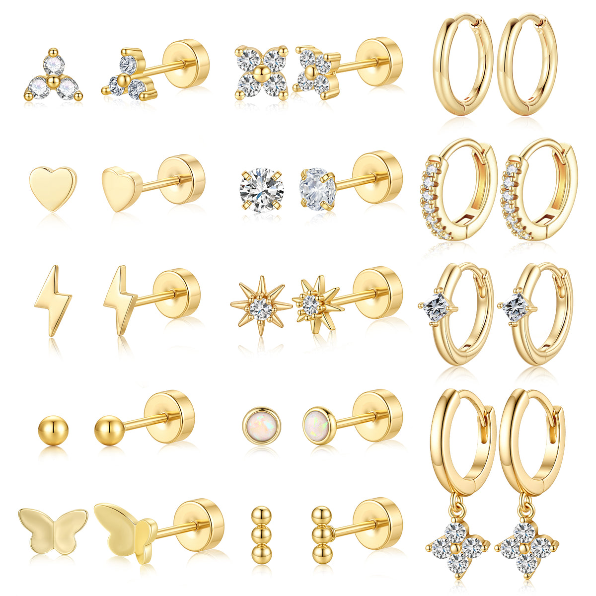 Turandoss 14 Pairs Hypoallergenic Flat Back Earrings for Women 18K Gold Plated Stud Hoop Dainty Cartilage Earring Stack Set Multiple Piercing Jewelry Birthday Gifts for Her Teen Mom Girlfriend Ideas