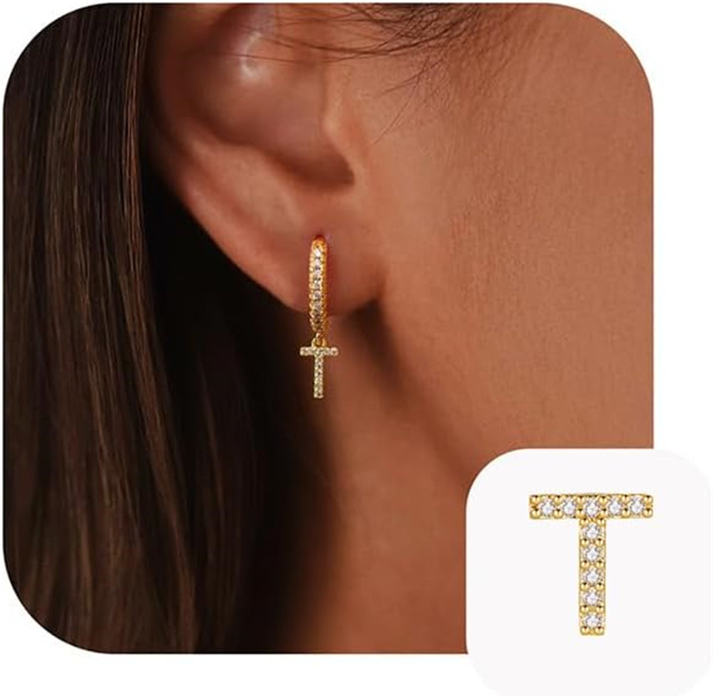 Turandoss Zircon Huggie Earrings for Girls 14K Gold Plated Initial Name Cuff Hoop Personalized Letter A-Z Cz Hypoallergenic Jewelry Birthday Gifts for Women Girls