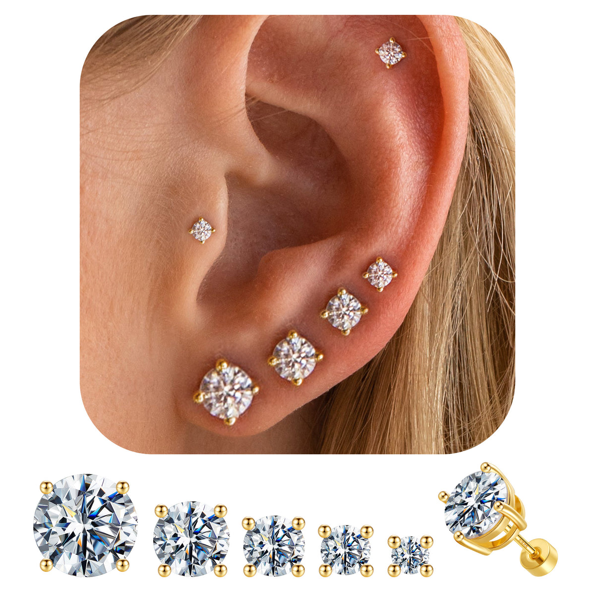 Turandoss 6Pairs Gold Silver Pearl Flat Back Stud Earrings for Women Men - Hypoallergeni Cubic Zircon Cartilage Earring for Piercing, Christmas Gifts