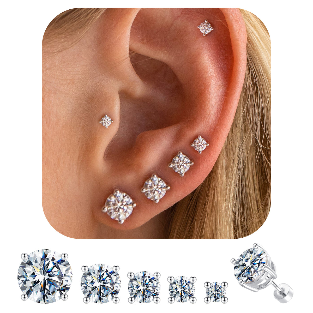 Turandoss 6Pairs Gold Silver Pearl Flat Back Stud Earrings for Women Men - Hypoallergeni Cubic Zircon Cartilage Earring for Piercing, Christmas Gifts