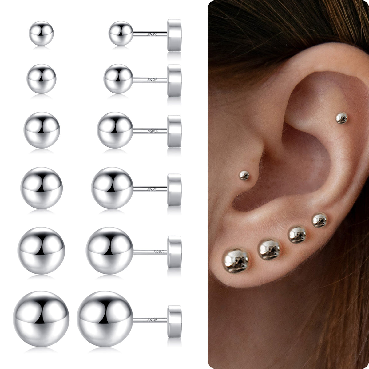 Turandoss 6Pairs Gold Silver Pearl Flat Back Stud Earrings for Women Men - S925 Sterling Silver Post Hypoallergeni Cartilage Earring, Christmas Gifts