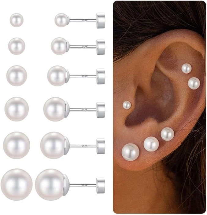 Turandoss 6 Pairs Pearl Stud Earrings Set for Women 925 Sterling Silver Post Hypoallergenic Tiny Flatback Piercings Jewelry Set for for Women Teen Girls