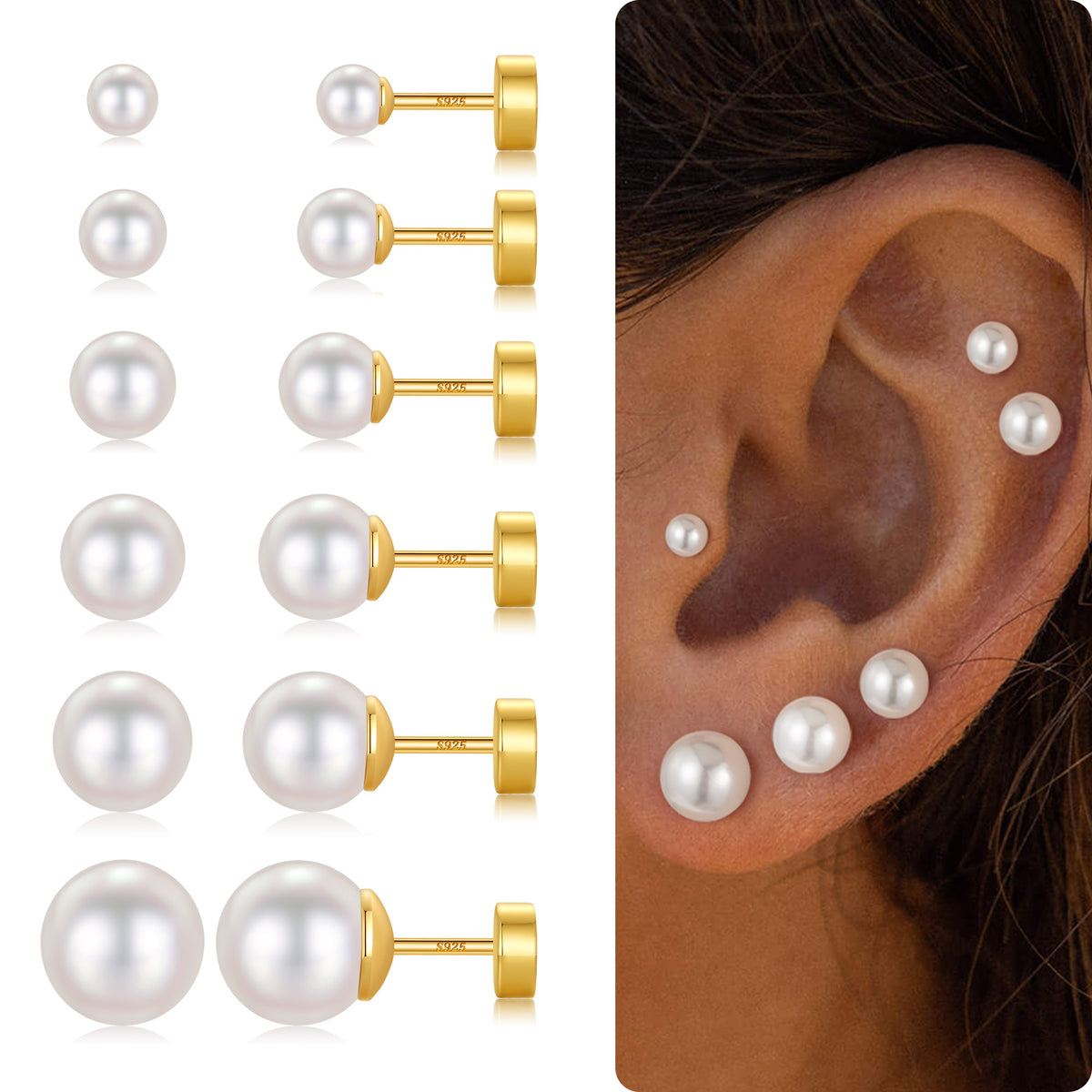 Turandoss 6Pairs Gold Silver Pearl Flat Back Stud Earrings for Women Men - S925 Sterling Silver Post Hypoallergeni Cartilage Earring, Christmas Gifts