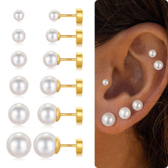 Turandoss 6Pairs Gold Silver Pearl Flat Back Stud Earrings for Women Men - S925 Sterling Silver Post Hypoallergeni Cartilage Earring, Christmas Gifts