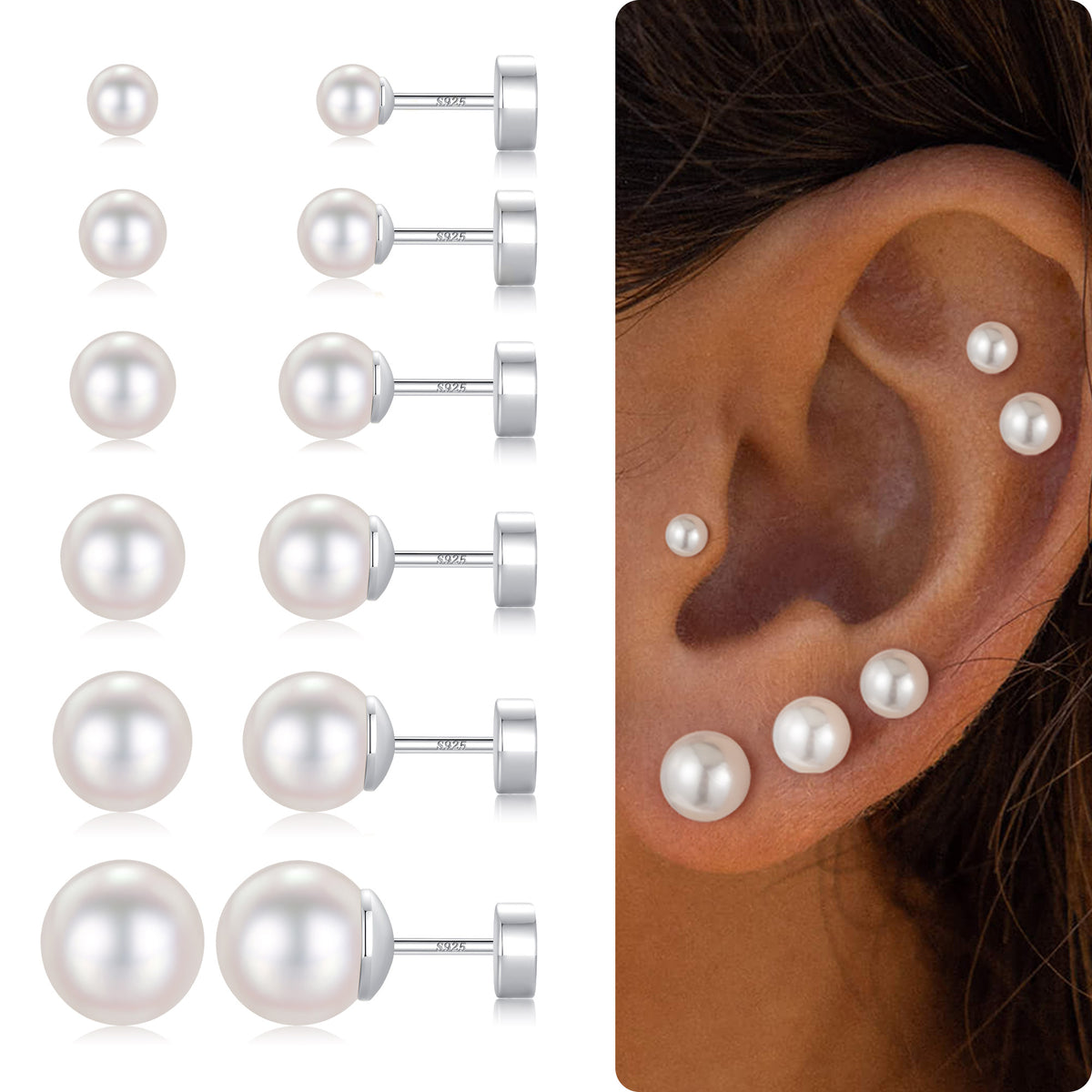 Turandoss 6Pairs Gold Silver Pearl Flat Back Stud Earrings for Women Men - S925 Sterling Silver Post Hypoallergeni Cartilage Earring, Christmas Gifts