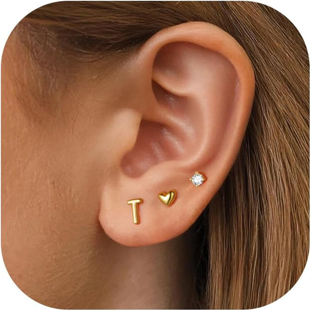 Turandoss Initial Stud Earrings Set for Girls 14K Gold Plated S925 Sterling Silver Post Cute Letter A-Z Heart Cz Stud Earrings Hypoallergenic Jewelry Birthday Gifts for Girls Ages 10-12