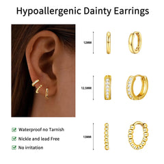Turandoss Small 14K Gold Plated Hoop Earrings for Women Trendy - 14K Gold Plated Beaded Hoops Hypoallergenic Huggie Cubic Zirconia Dainty Earrings, Jewelry Set for Multiple Piercing