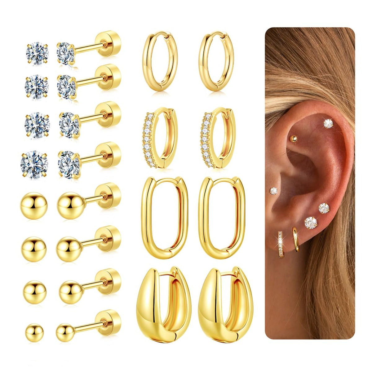Turandoss 925 Sterling Silver Post Flat Back Stud Earrings for Women - 14K Gold Chunky Hoop Earrings Hypoallergenic Earring Set for Sensitive Ears Jewelry Set for Multiple Piercing Gifts