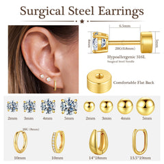 Turandoss 925 Sterling Silver Post Flat Back Stud Earrings for Women - 14K Gold Chunky Hoop Earrings Hypoallergenic Earring Set for Sensitive Ears Jewelry Set for Multiple Piercing Gifts