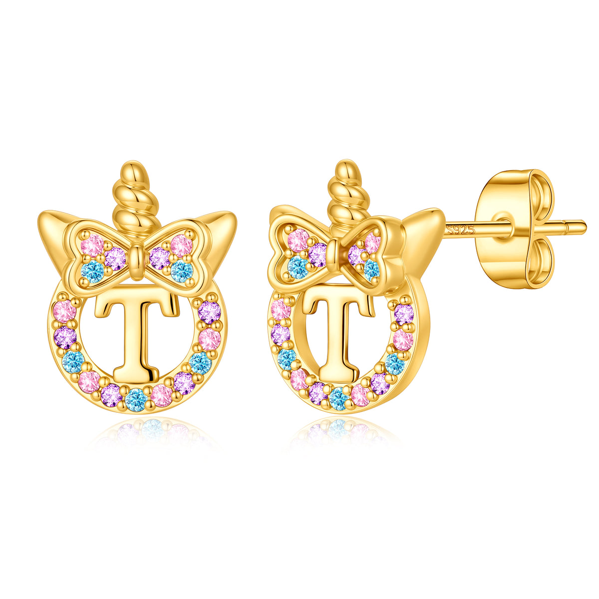 Turandoss 14K Gold Plated Colorful Cz Initial Unicorn Stud Earrings for Teens Little Girls Daughter Kids Jewelry Birthday Gifts for Women