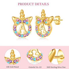 Turandoss 14K Gold Plated Colorful Cz Initial Unicorn Stud Earrings for Teens Little Girls Daughter Kids Jewelry Birthday Gifts for Women