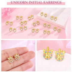 Turandoss 14K Gold Plated Colorful Cz Initial Unicorn Stud Earrings for Teens Little Girls Daughter Kids Jewelry Birthday Gifts for Women