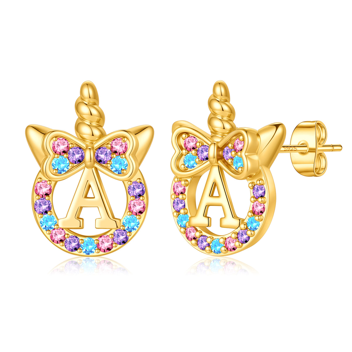 Turandoss 18K Gold Initial Unicorn Earring Gifts for Girls Women - S925 Sterling Silver Post Diamond Stud Earrings Hypoallergenic, Christmas Gifts
