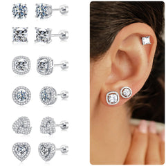 Turandoss 6 Pairs Flatback Earrings Set for Women 14K Gold Plated Hypoallergenic Cubic Zirconia Studs Multi-Style Sensitive Jewelry Gifts for Women Girls