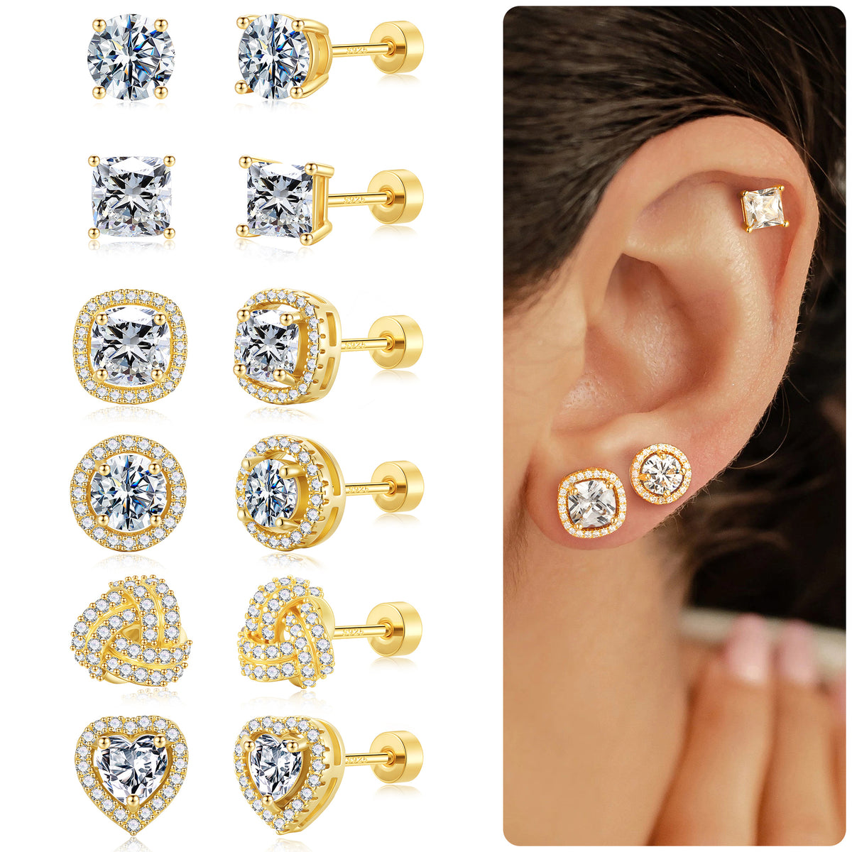 Turandoss 6Pairs Gold Silver Stud Earrings for Women Men - S925 Post Hypoallergenic Flat Back Cubic Zirconia Earring for Piercing, Christmas Gifts