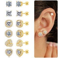 Turandoss 6Pairs Gold Silver Stud Earrings for Women Men - S925 Post Hypoallergenic Flat Back Cubic Zirconia Earring for Piercing, Christmas Gifts