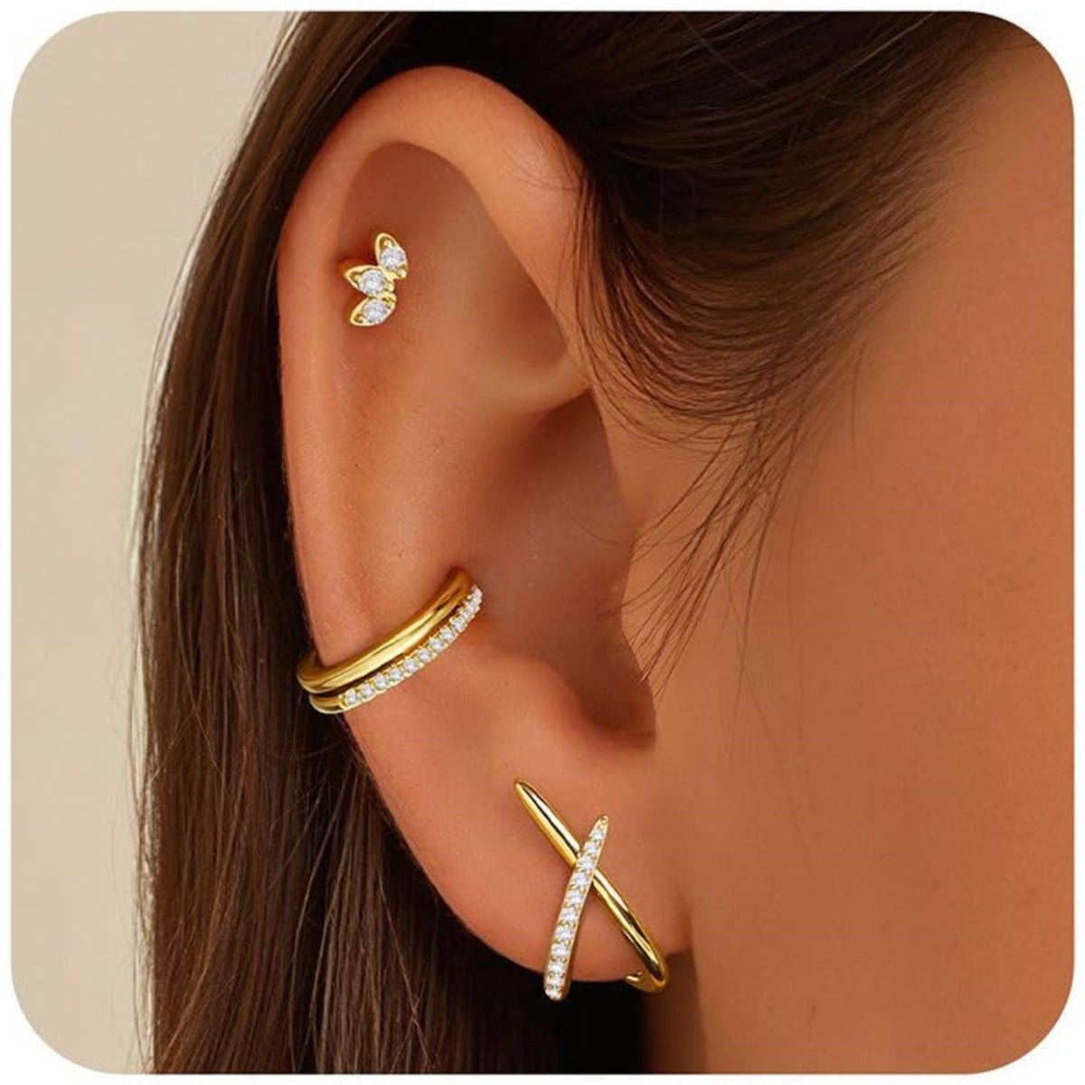 Turandoss 3 Pairs 14K Gold Plated Hypoallergenic Cartilage Huggie Hoop Stud Cubic Zirconia Simple Minimalist Sterling Silver Earrings Trendy, Dainty Ear Cuff Jewelry Set for Women