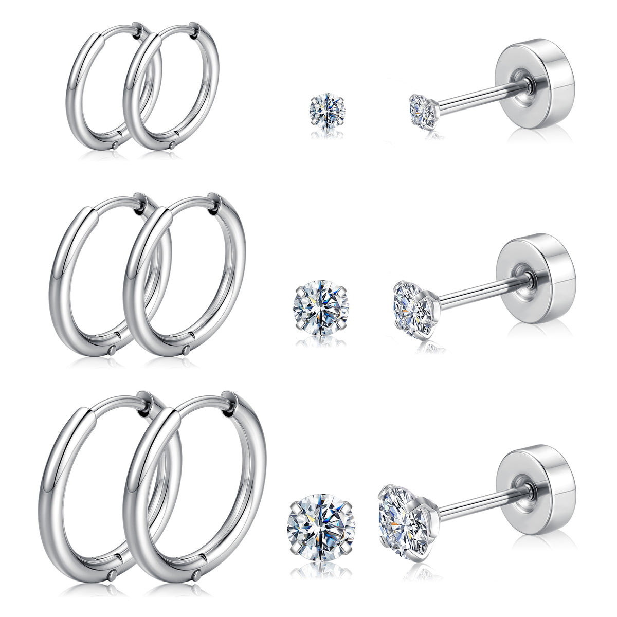 Turandoss Silver Flat Back Stud Earrings Set for Women Girls, Hypoallergenic Hoop Huggie Cartilage Earring, Birthday Valentine's Day Gifts for Women