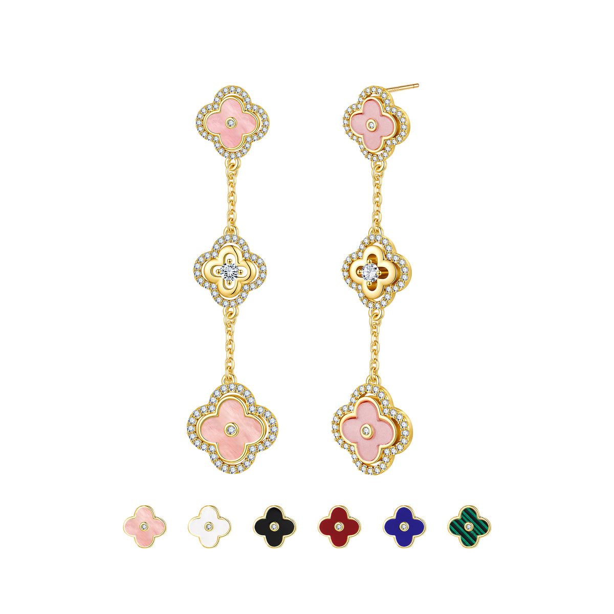 Turandoss 14K Gold Plated Hypoallergenic Stud Earrings Pink Four Leaf Clover CZ Studs Earring 925 Sterling Silver Post Dainty Drop Dangle Earring Jewelry Gifts for Women Her Mom Girlfriend Wife