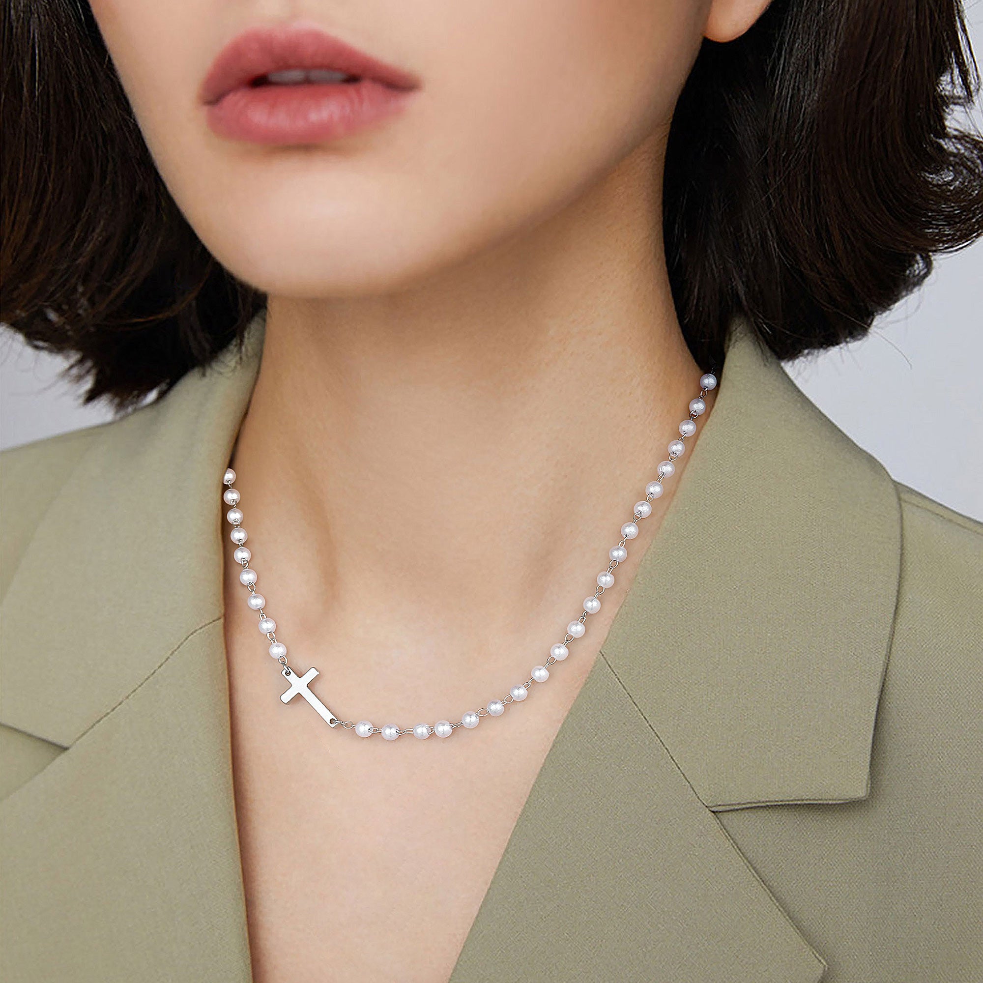 Gold Sideway Cross & Pearl Chain Necklace for Women