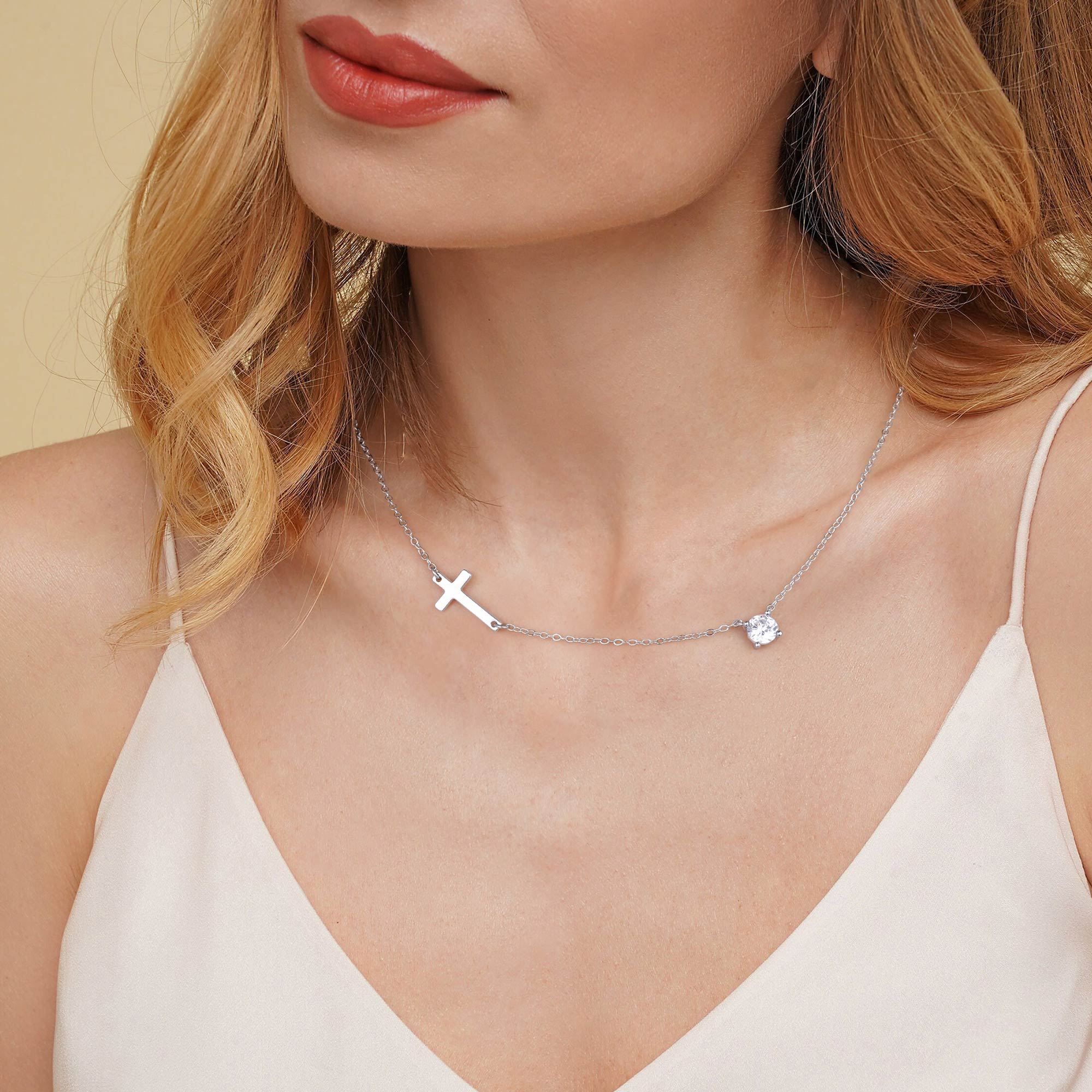 Gold Diamond & Sideway Cross Necklace for Women