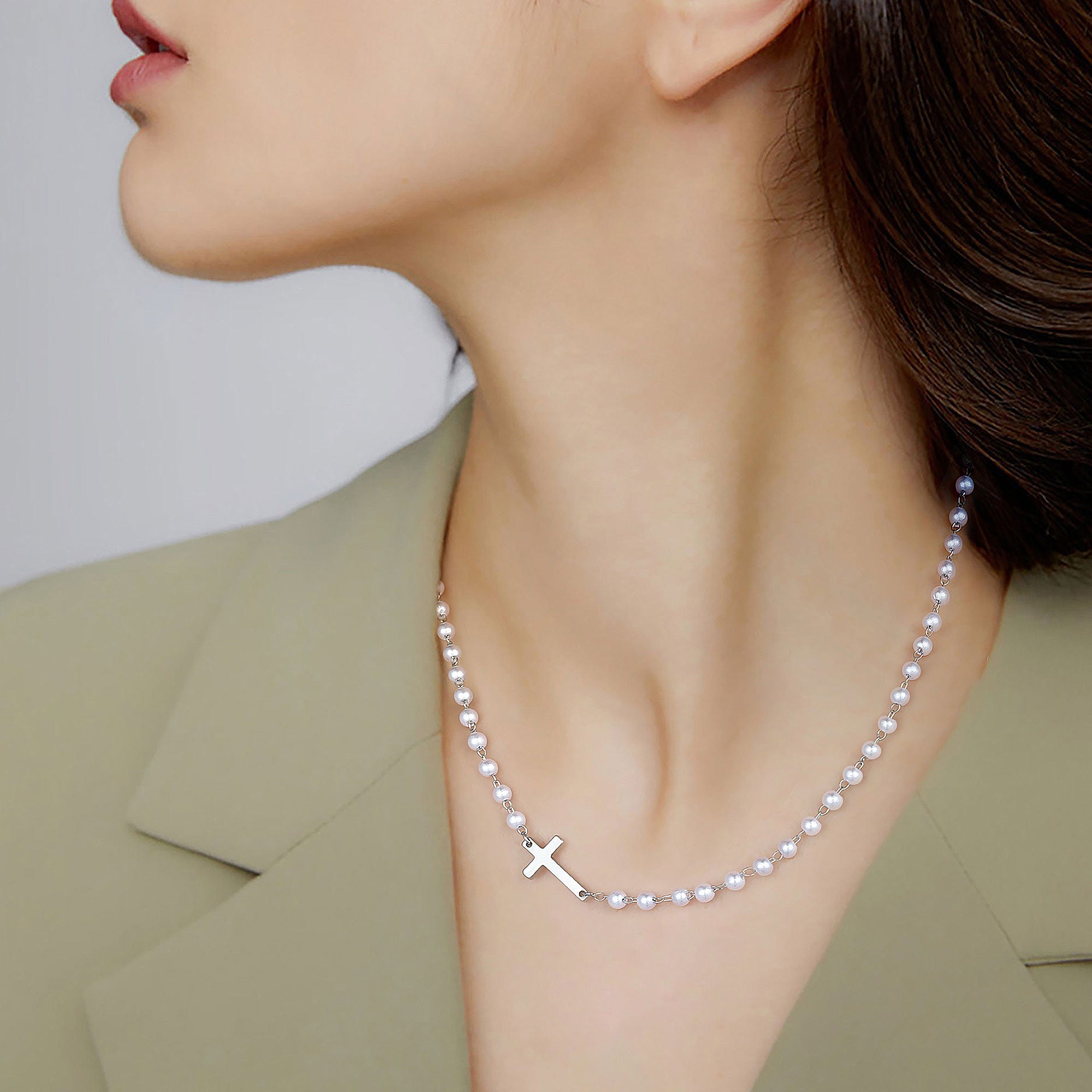 Gold Sideway Cross & Pearl Chain Necklace for Women