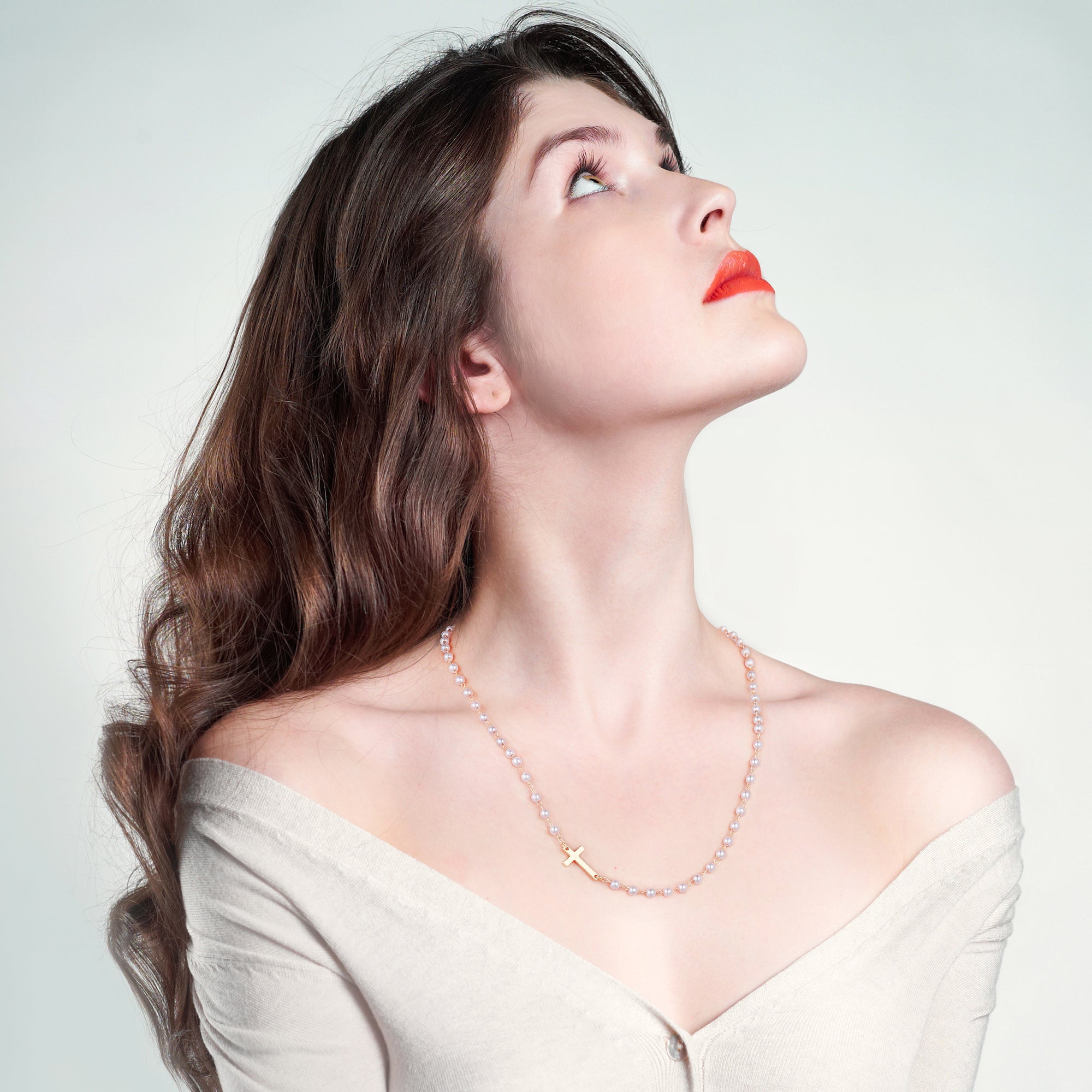 Gold Sideway Cross & Pearl Chain Necklace for Women