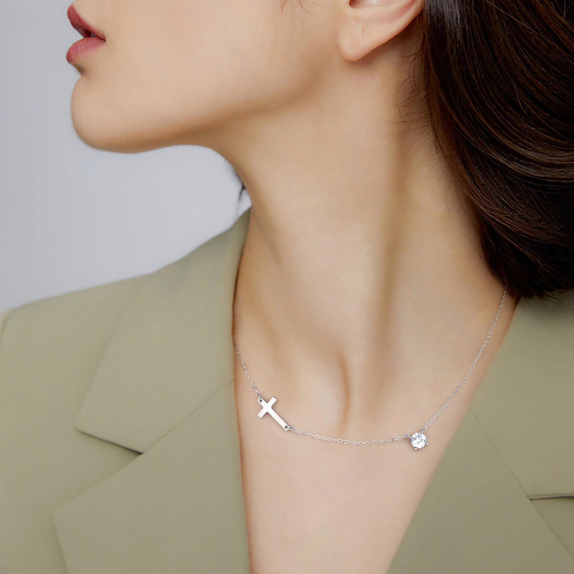 Gold Diamond & Sideway Cross Necklace for Women