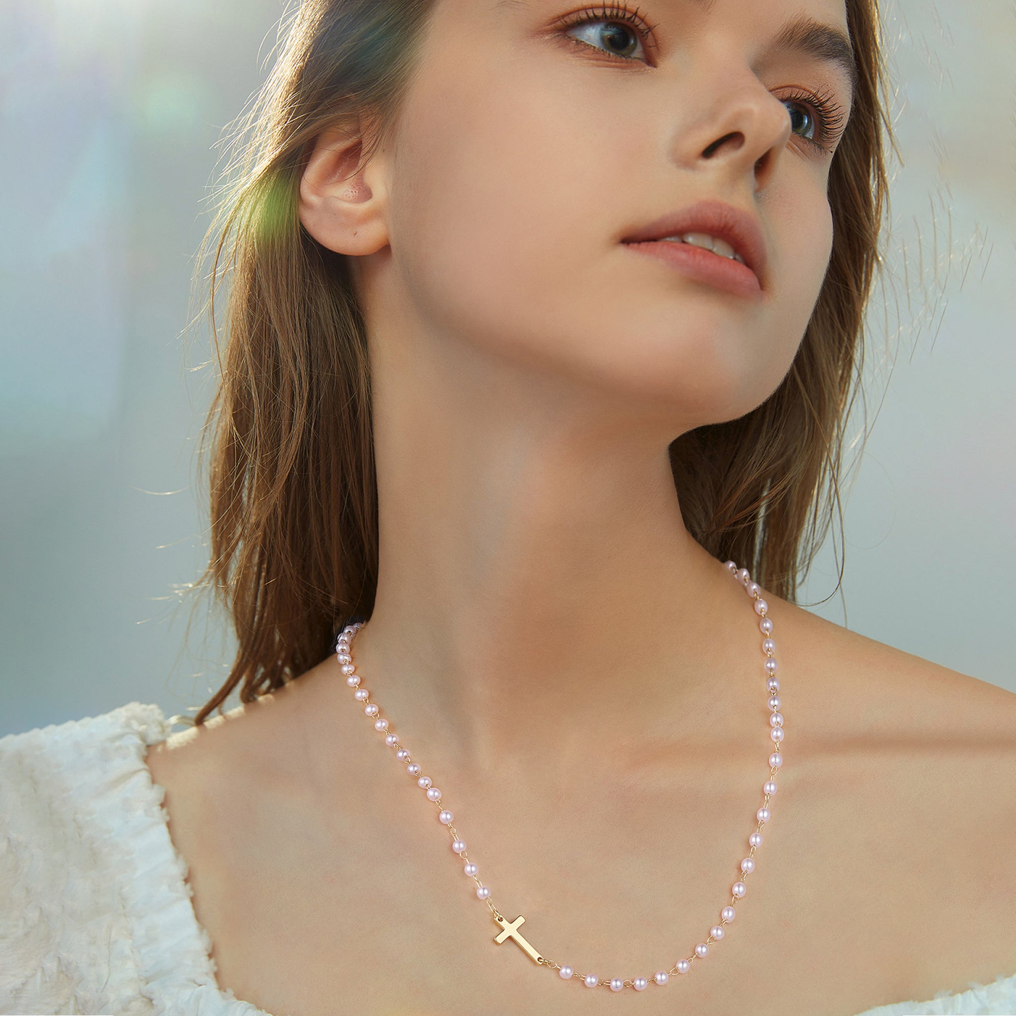Gold Sideway Cross & Pearl Chain Necklace for Women