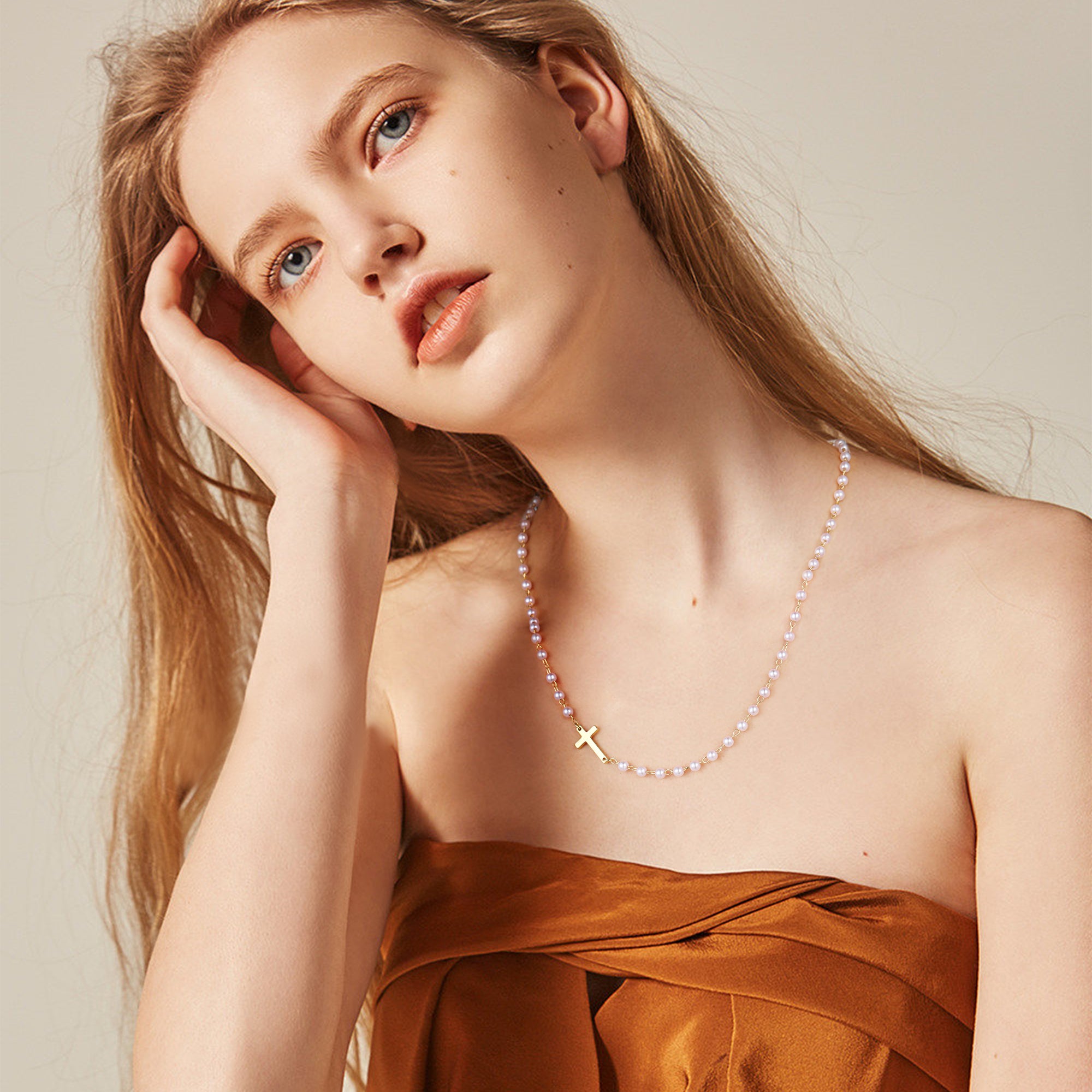Gold Sideway Cross & Pearl Chain Necklace for Women