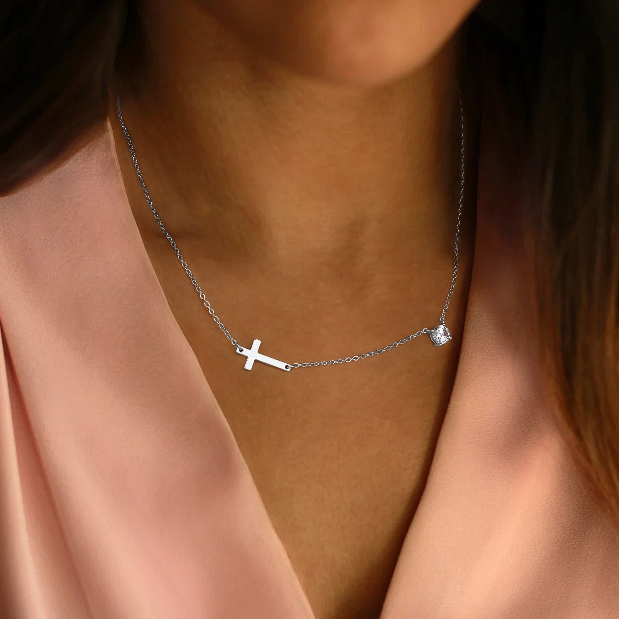 Gold Diamond & Sideway Cross Necklace for Women
