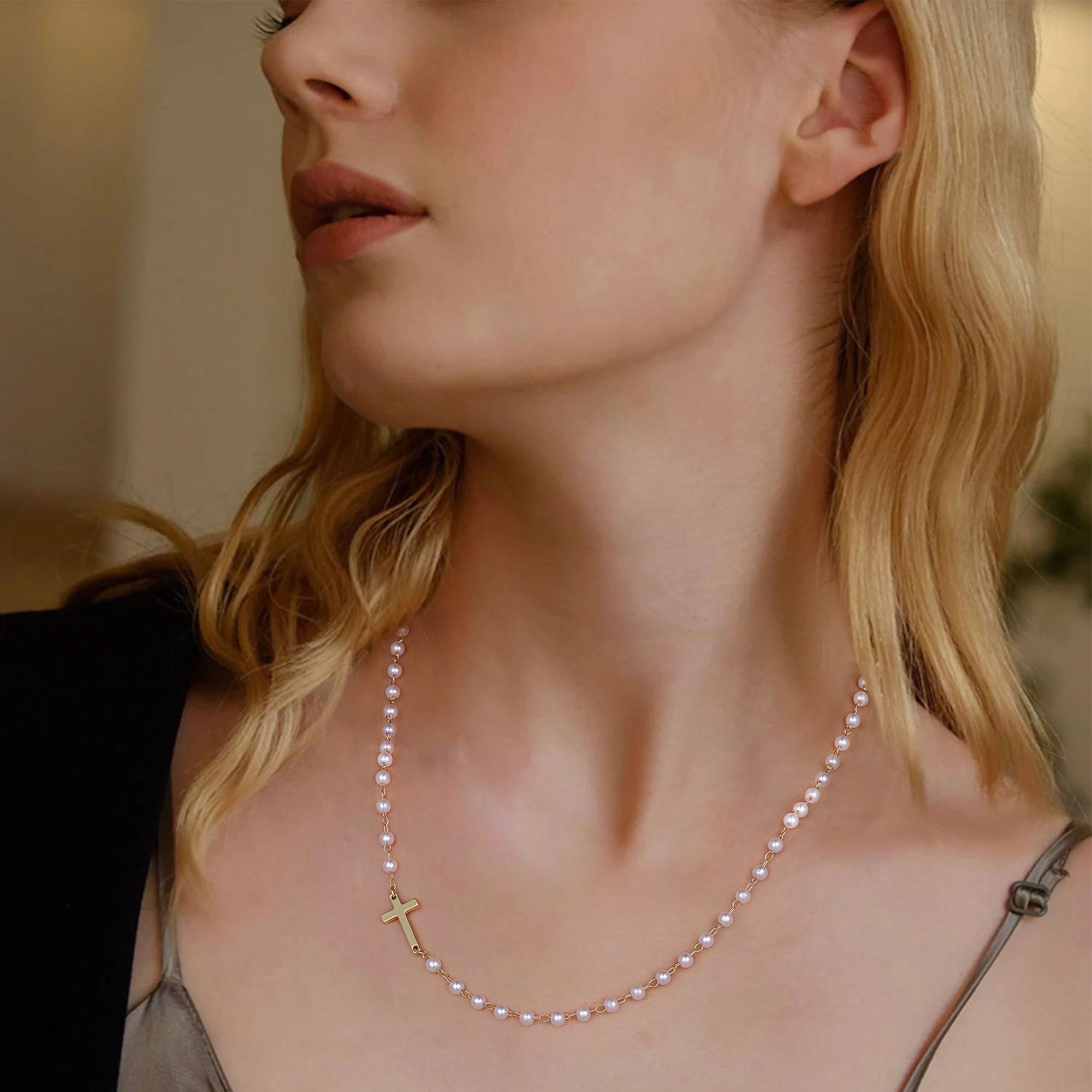 Gold Sideway Cross & Pearl Chain Necklace for Women