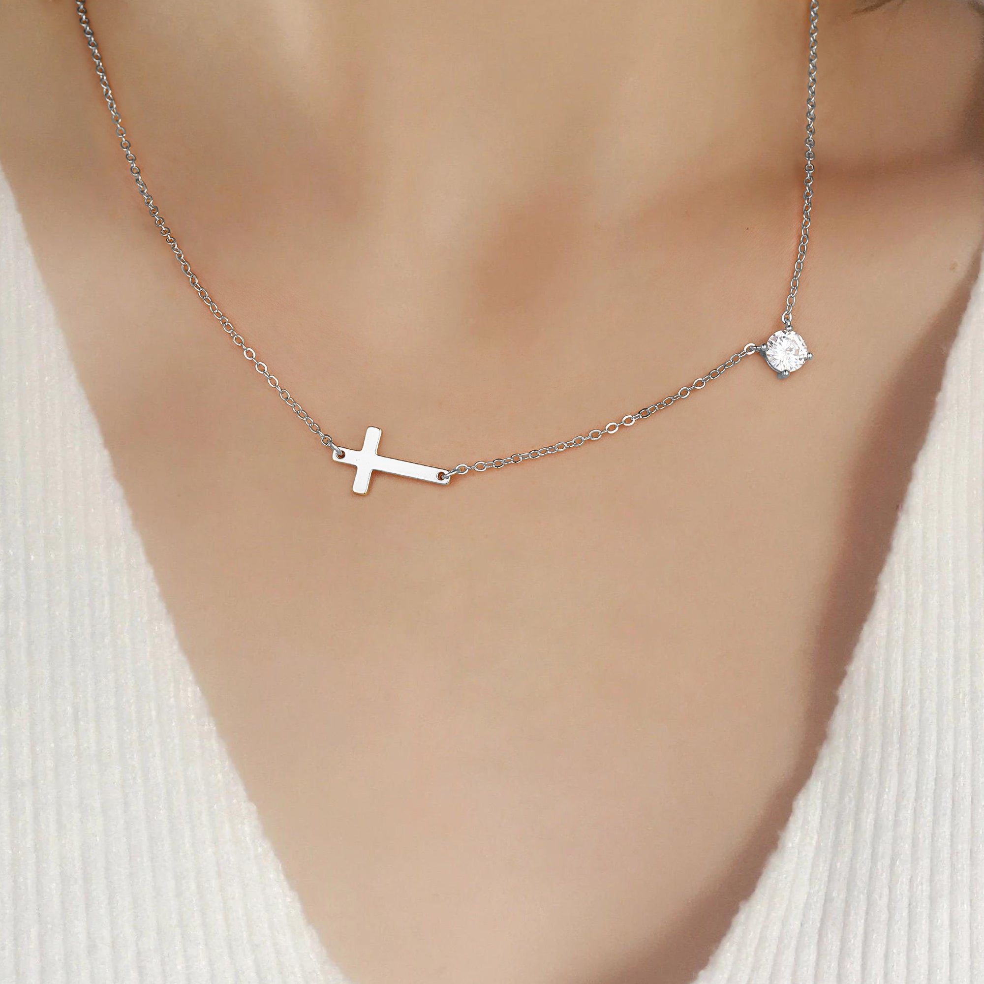 Gold Diamond & Sideway Cross Necklace for Women