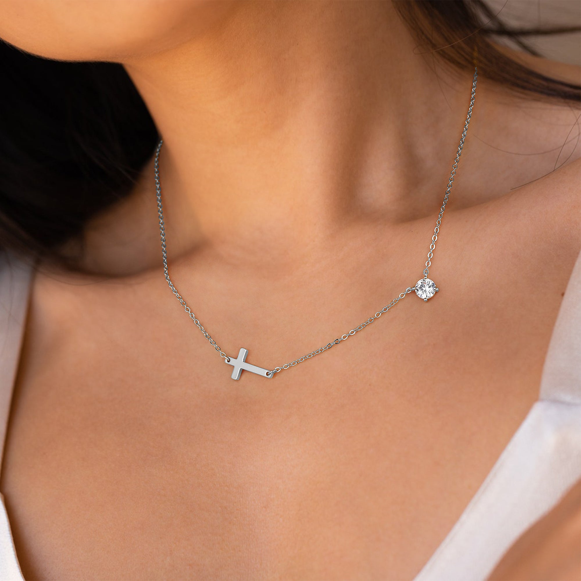 Gold Diamond & Sideway Cross Necklace for Women