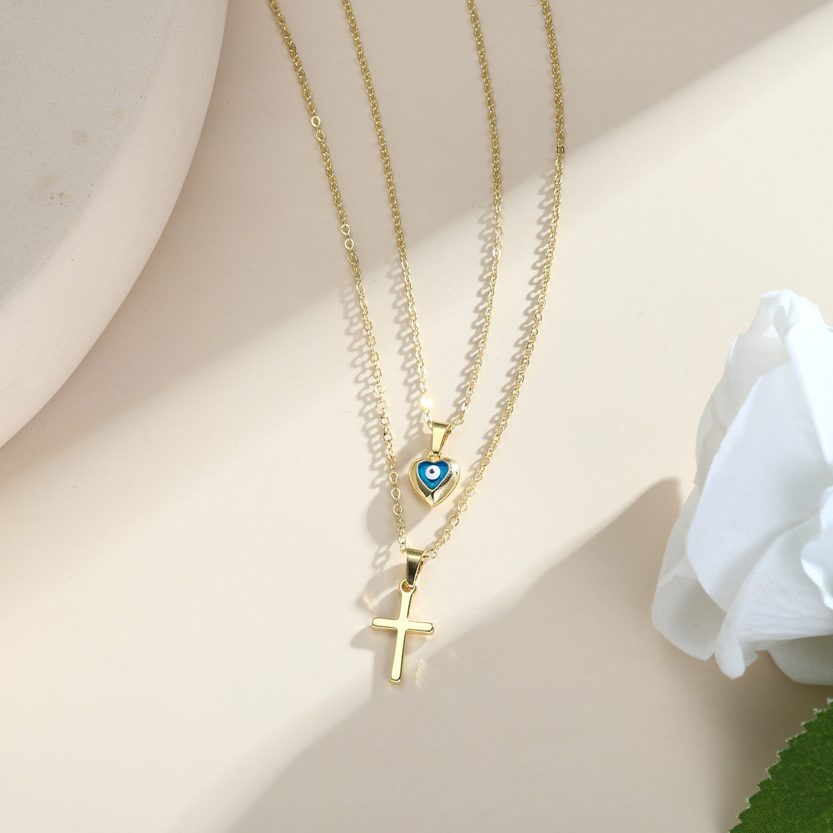 Gold Layered Cross & Evil Eye Necklace for Women