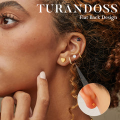 Turandoss 12Pairs Flat Back Stud Earrings Set for Women Girls, Heart CZ Pearl Hoop Huggie Cartilage Earring, Birthday Valentine's Day Gifts for Women