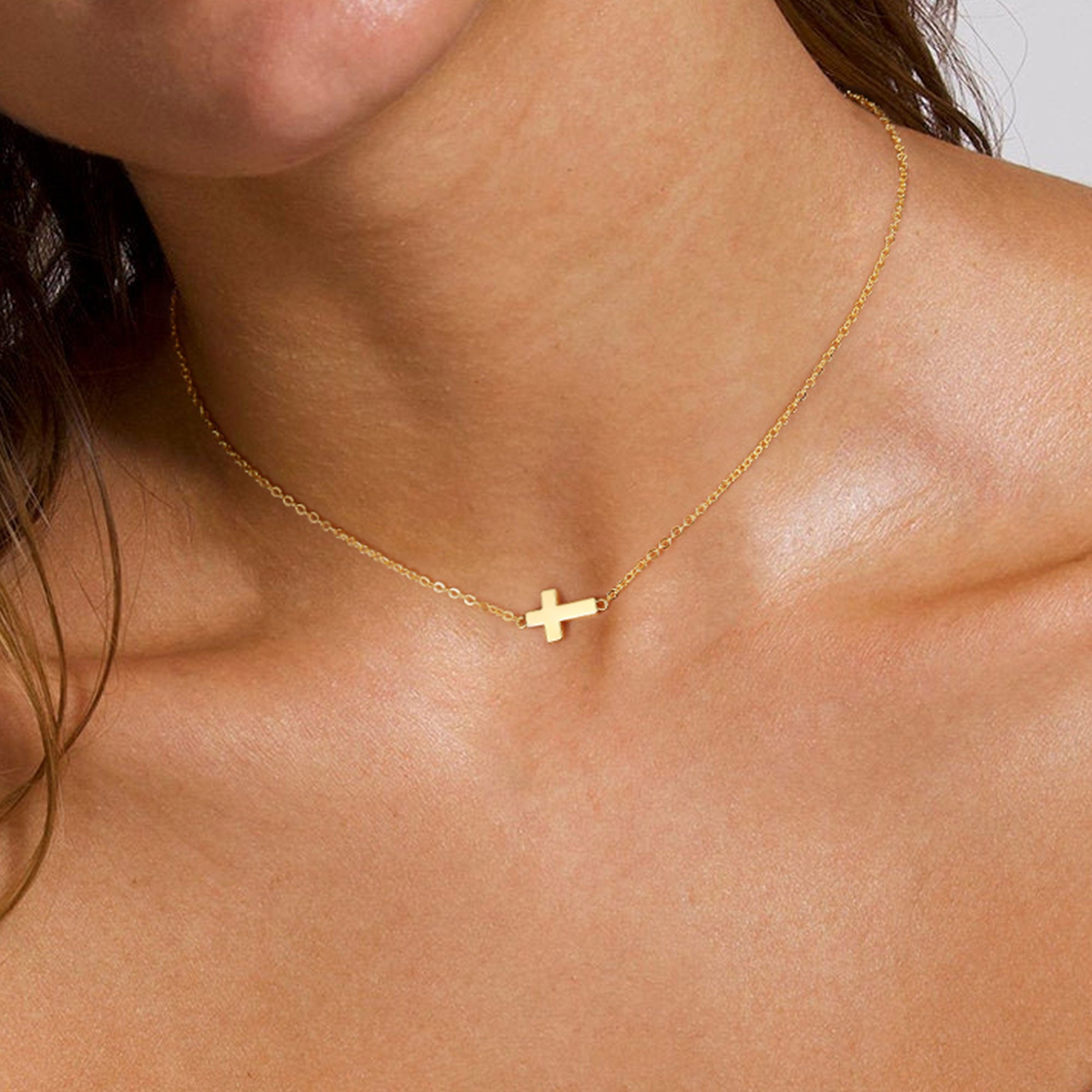 Gold Sideway Cross Choker Necklace for Women