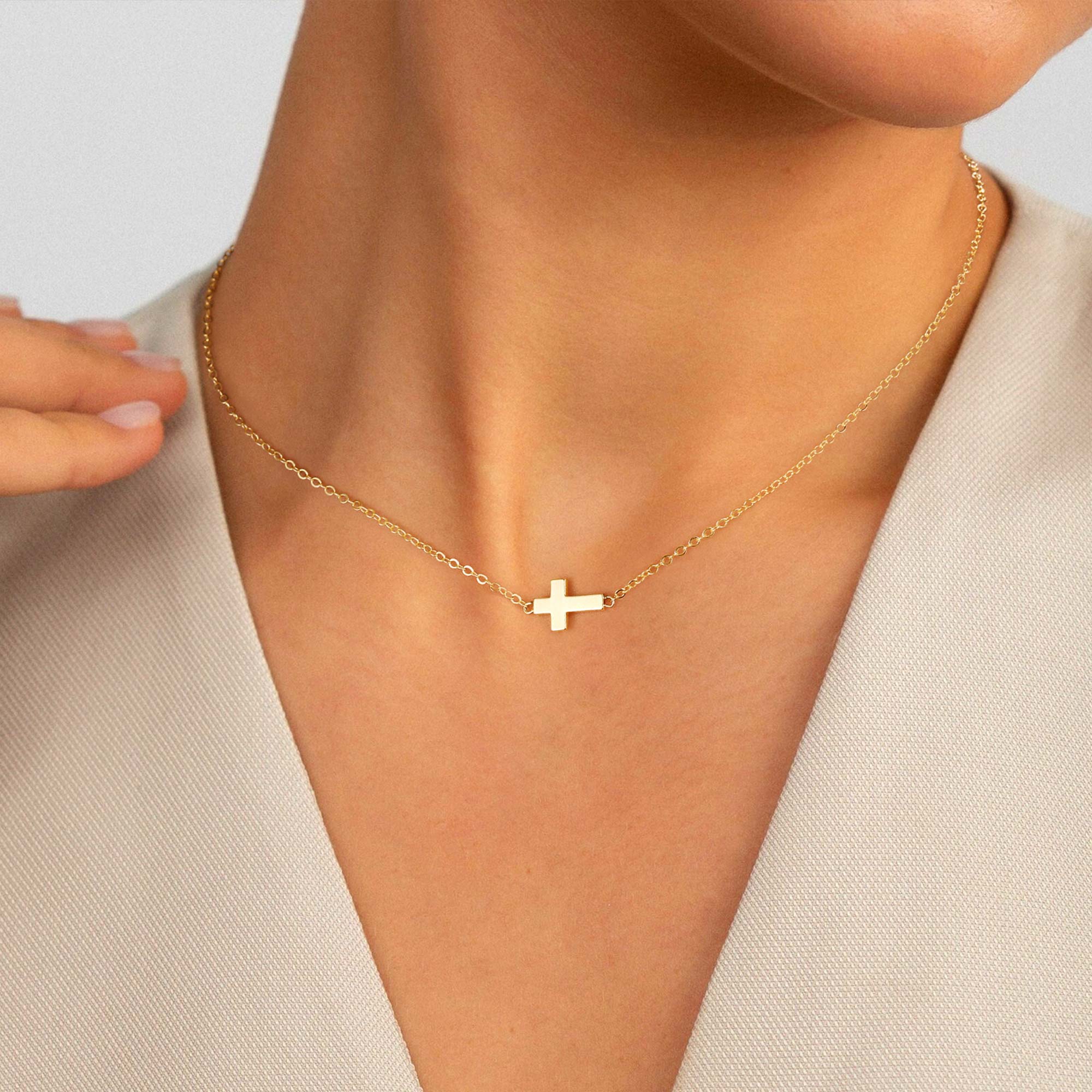 Gold Sideway Cross Choker Necklace for Women