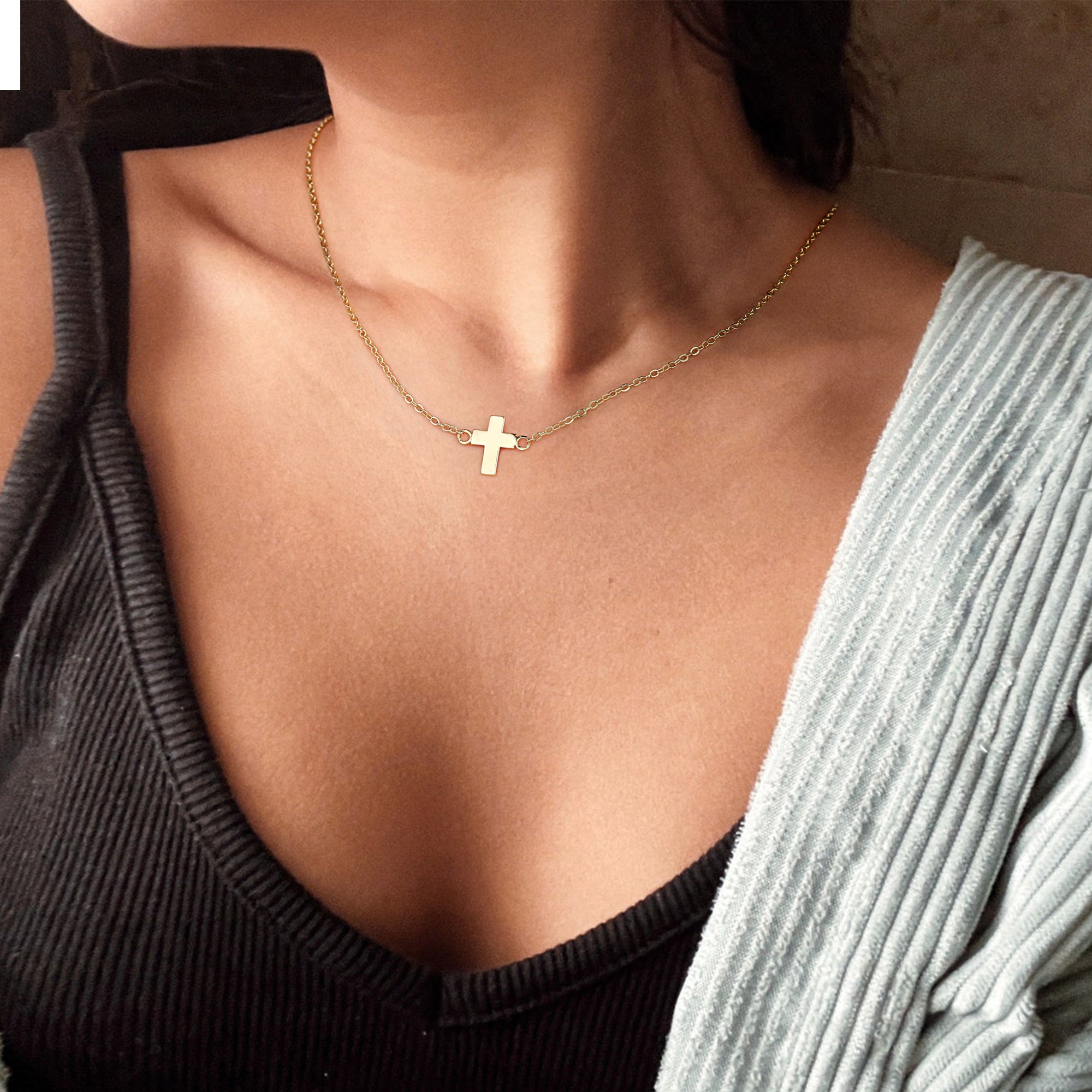 Gold Tiny Cross Choker Necklace for Women