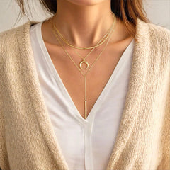 Turandoss Dainty Layered Choker Necklace, Handmade Plated Y Pendant Multilayer Bar Disc Necklace Adjustable Layering Choker for Women