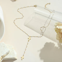 Gold Tiny Cross & Pearl Chain Necklace for Women