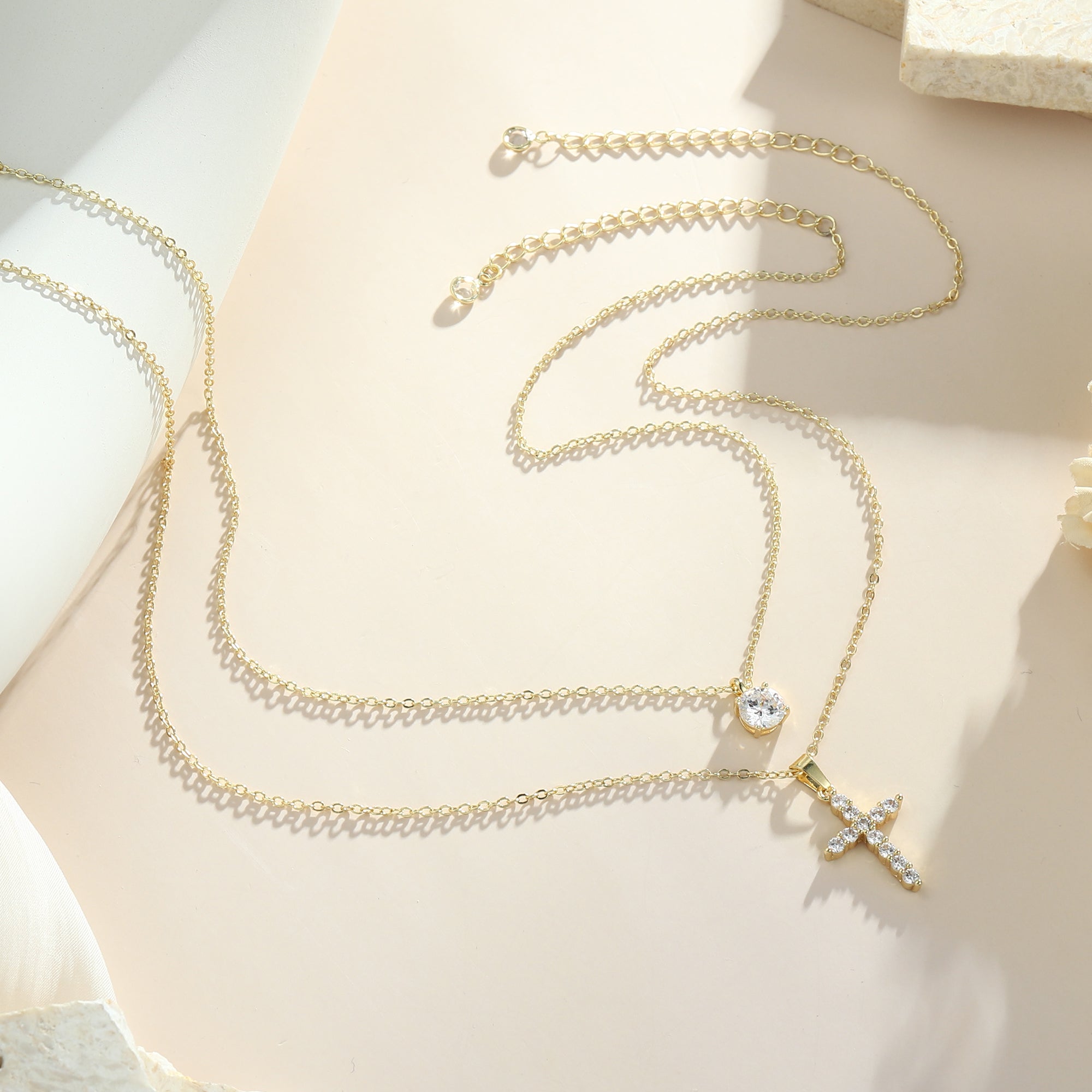 Gold Layered Cross & Diamond Necklace for Women