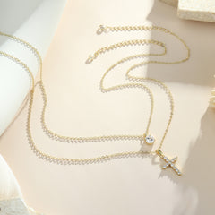 Gold Layered Cross & Diamond Necklace for Women