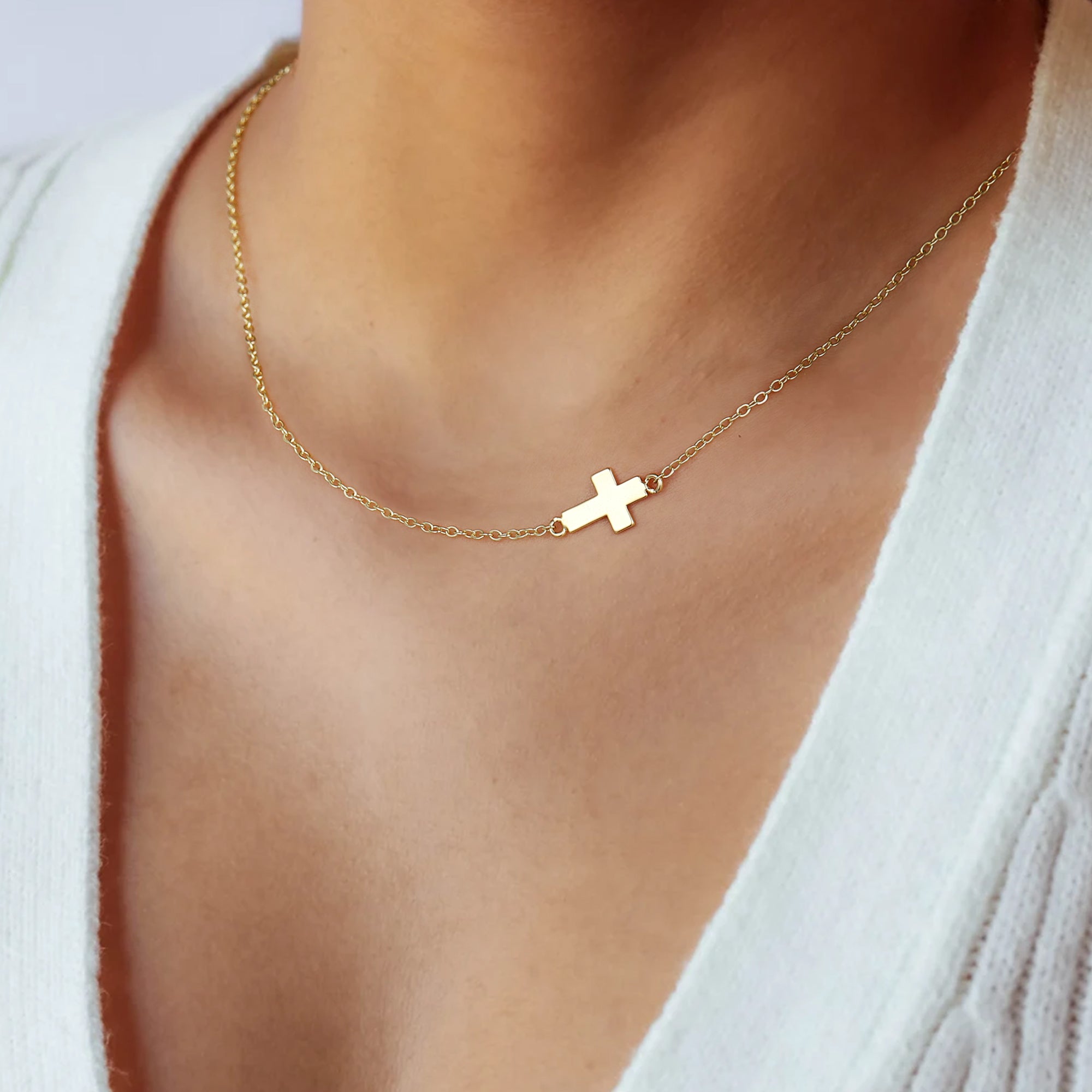 Gold Sideway Cross Choker Necklace for Women