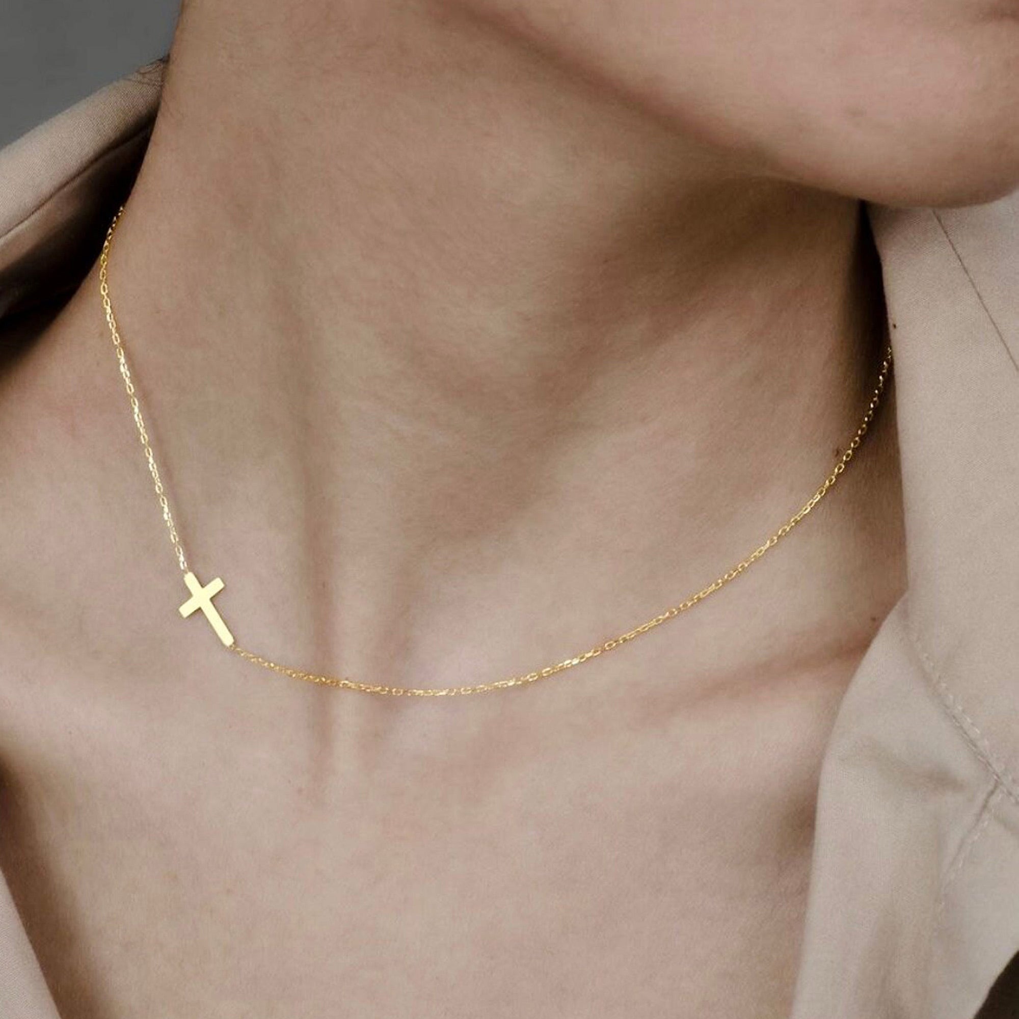 Gold Sideway Cross Choker Necklace for Women