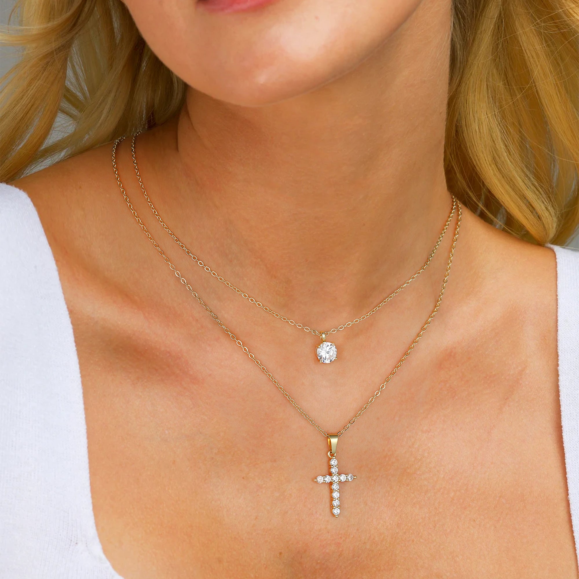 Gold Layered Cross & Diamond Necklace for Women