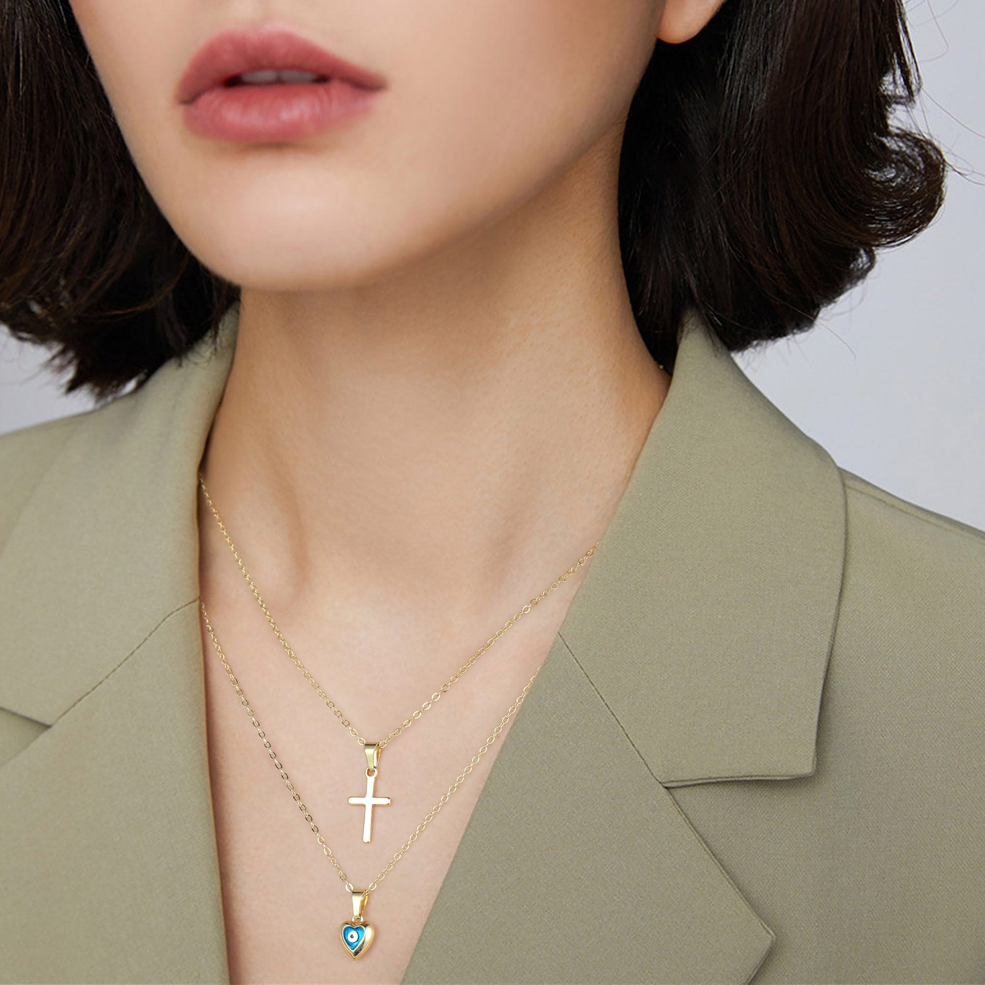 Gold Layered Cross & Evil Eye Necklace for Women