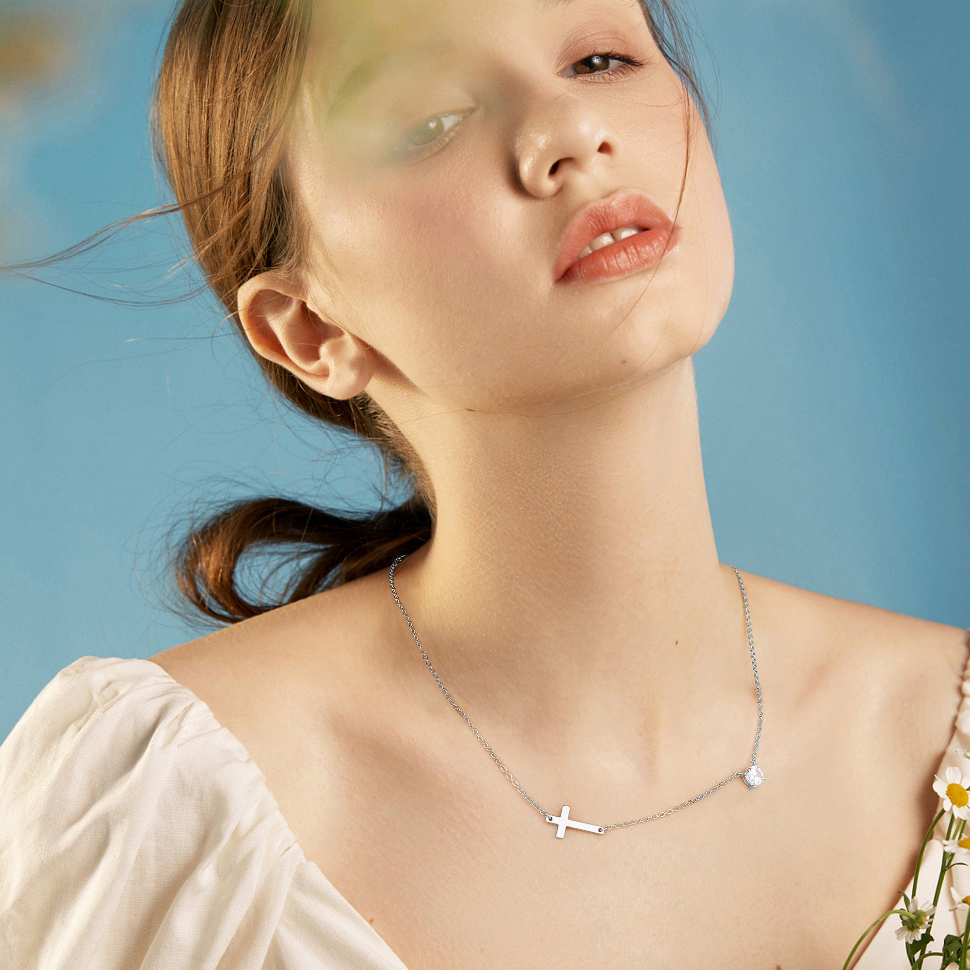 Gold Diamond & Sideway Cross Necklace for Women