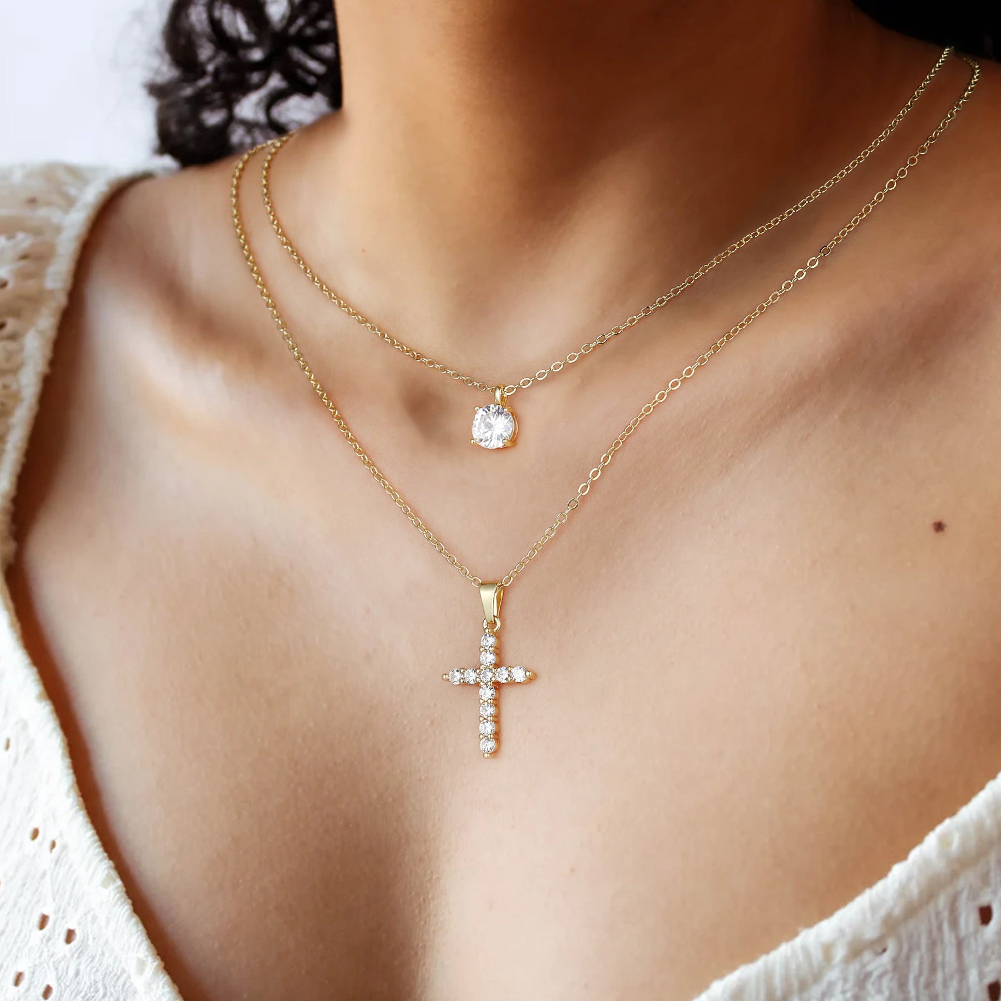 Gold Layered Cross & Diamond Necklace for Women